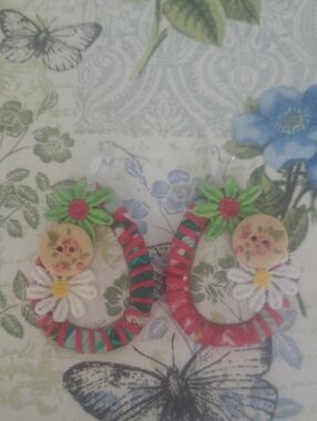 Handmade Floral Ribbon Hoop Earrings - Red, Green, White